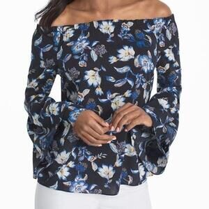 WHBM Women's Top Retro Off Shoulder Bell‎ Sleeve Floral Soft Work Blouse Small